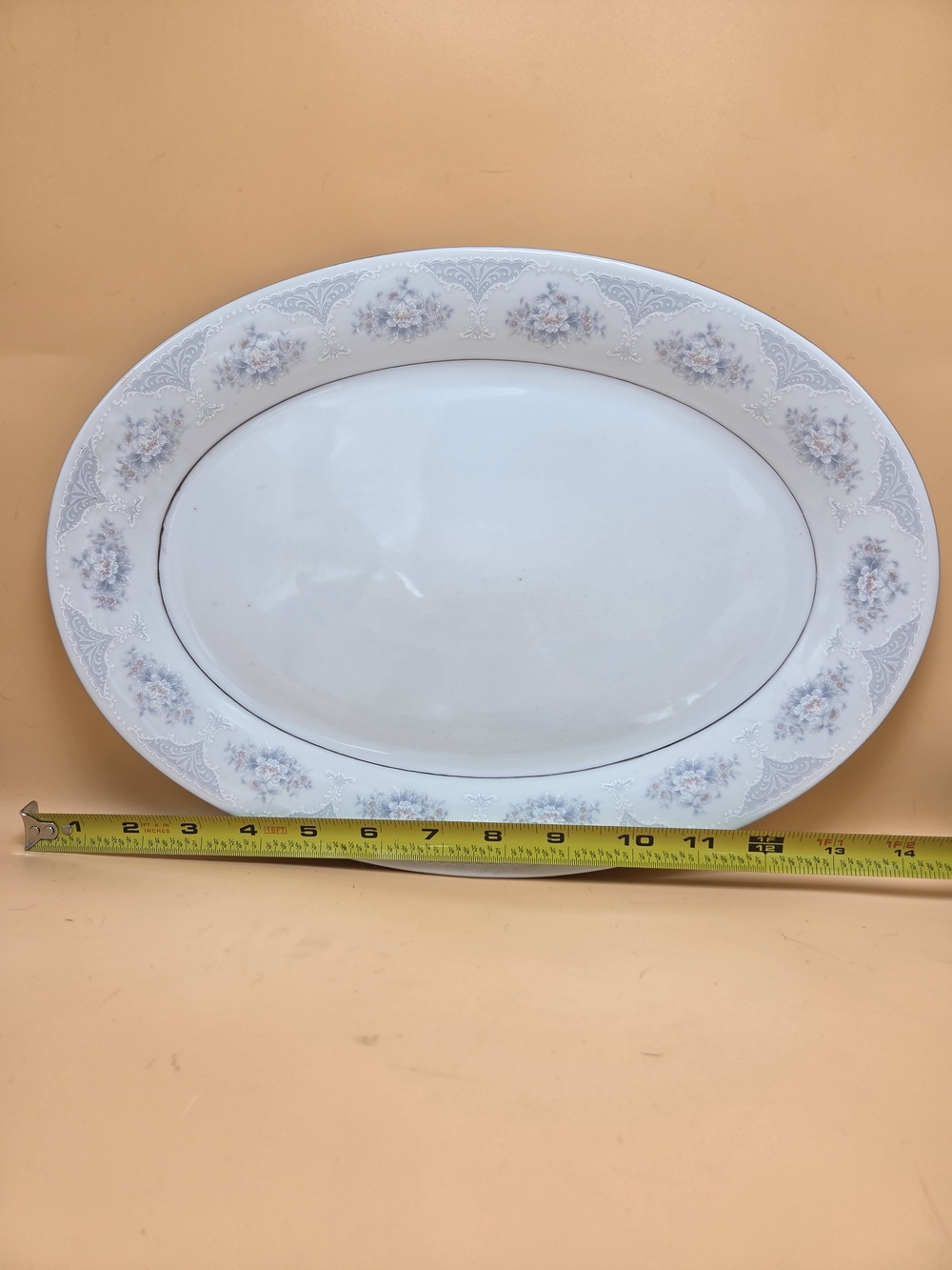 White Oval Serving Platter with Pale Blue Floral Trim
